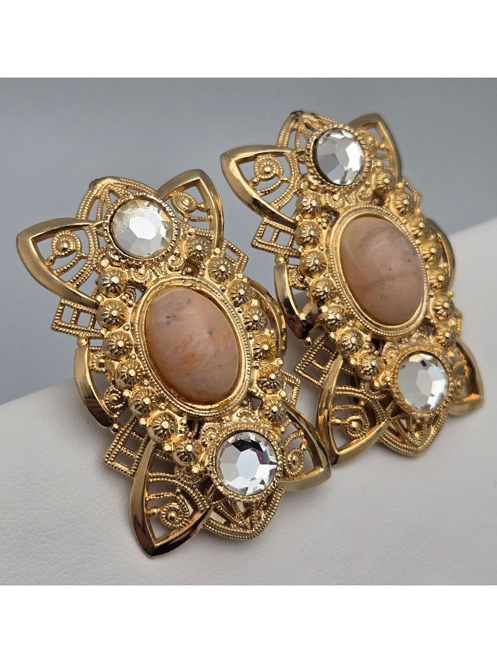 Vintage Gold-Tone Clip-On Earrings Faux Oval Pearls & Crystals - Picture 3 of 7